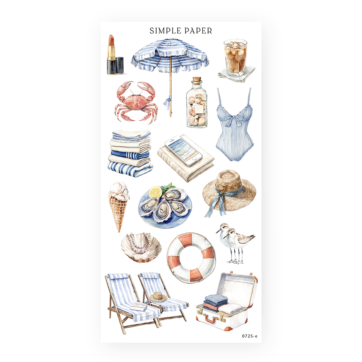 Beach stickers with a striped umbrella, crab, oysters, a sunhat and a packed suitcase, Sheet E