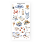 Beach stickers with a striped umbrella, crab, oysters, a sunhat and a packed suitcase, Sheet E