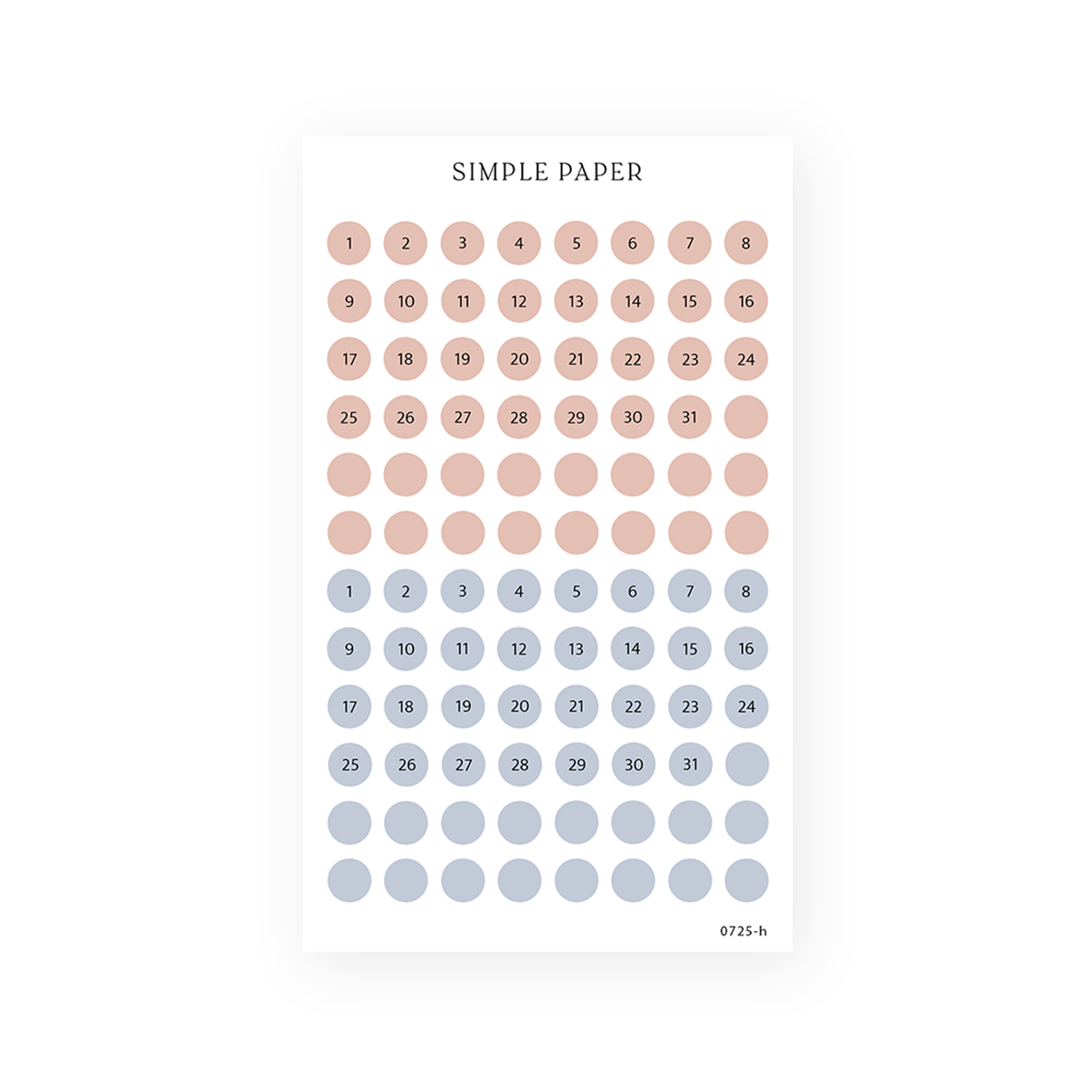 Date dot stickers numbered 1 to 31 in blush pink and dusty blue, Sheet H