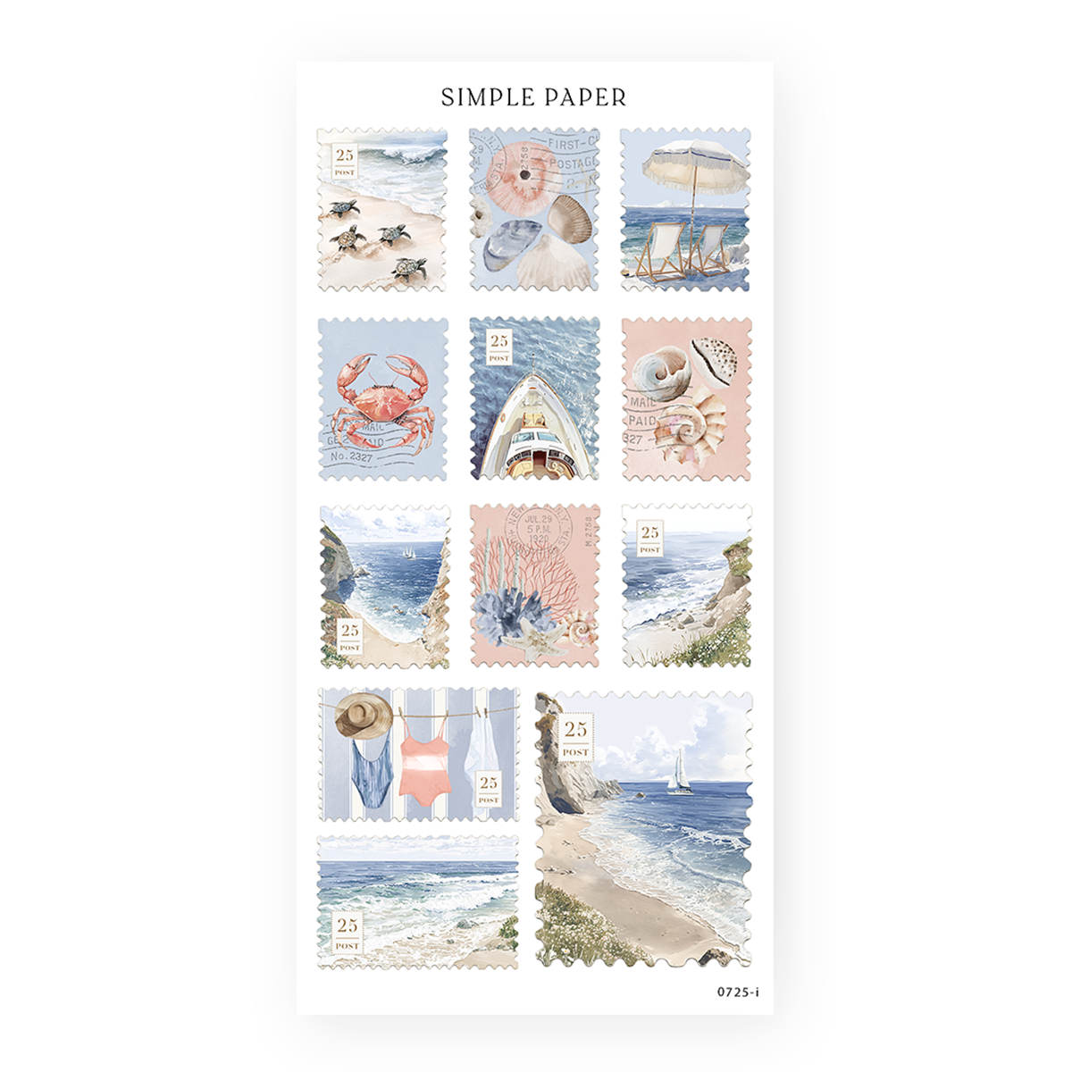 Vintage postage stamp stickers with turtles, shells, a crab and coastal views, Sheet I