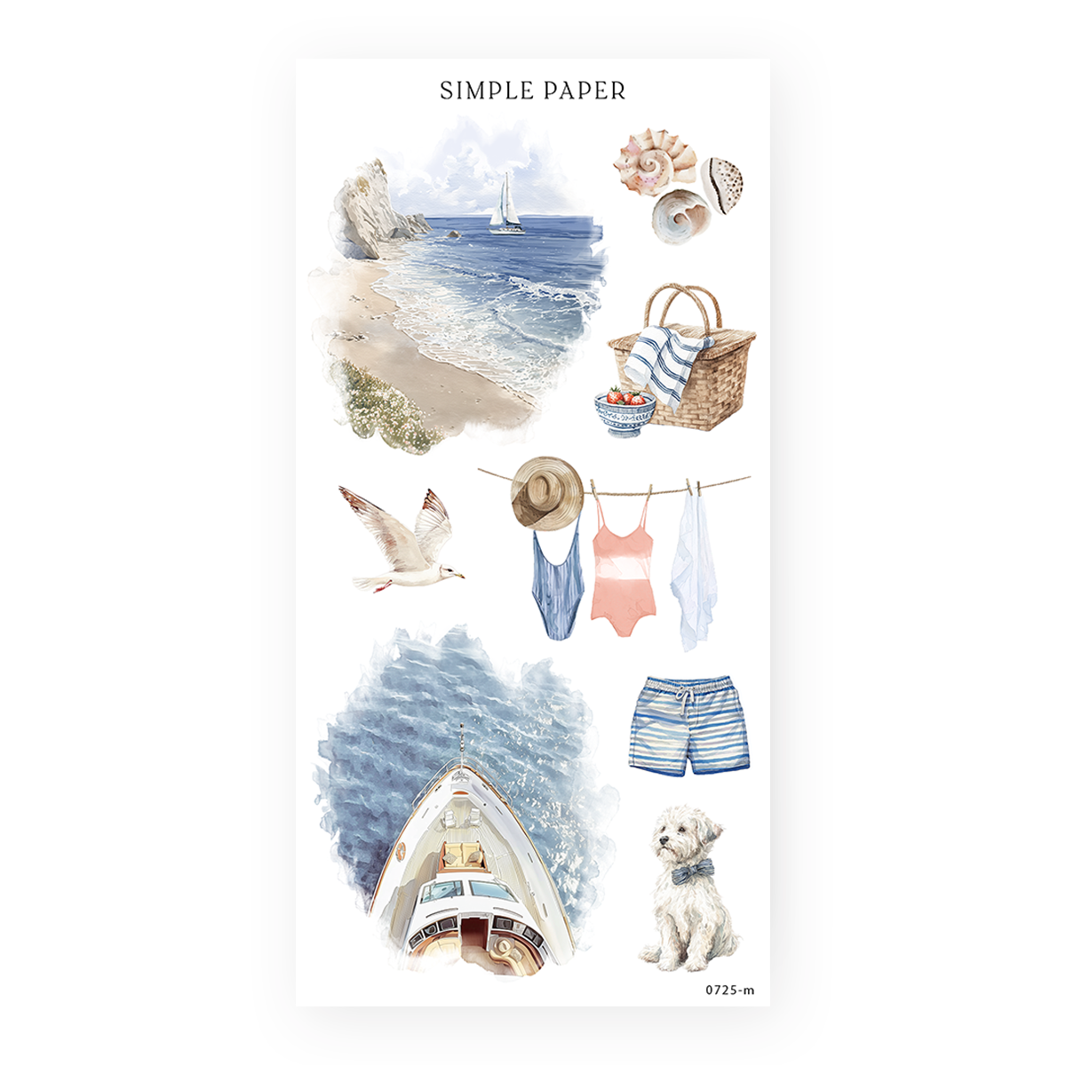 Coastal picnic basket, swimsuits, sailboat, and seaside puppy—perfect for summer planners, travel journals, and breezy vacation layouts