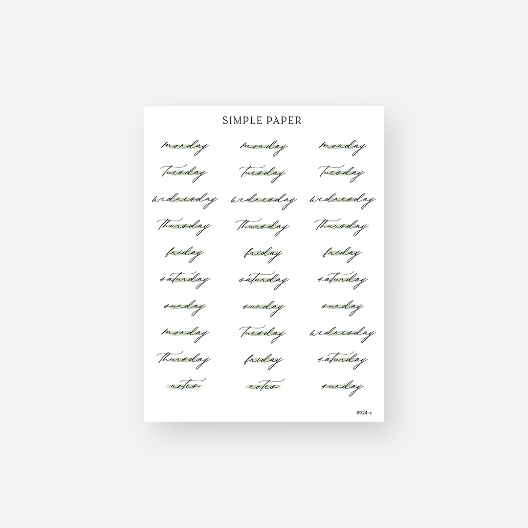 Black script days of the week planner stickers with notes labels, September 2024 Sheet C