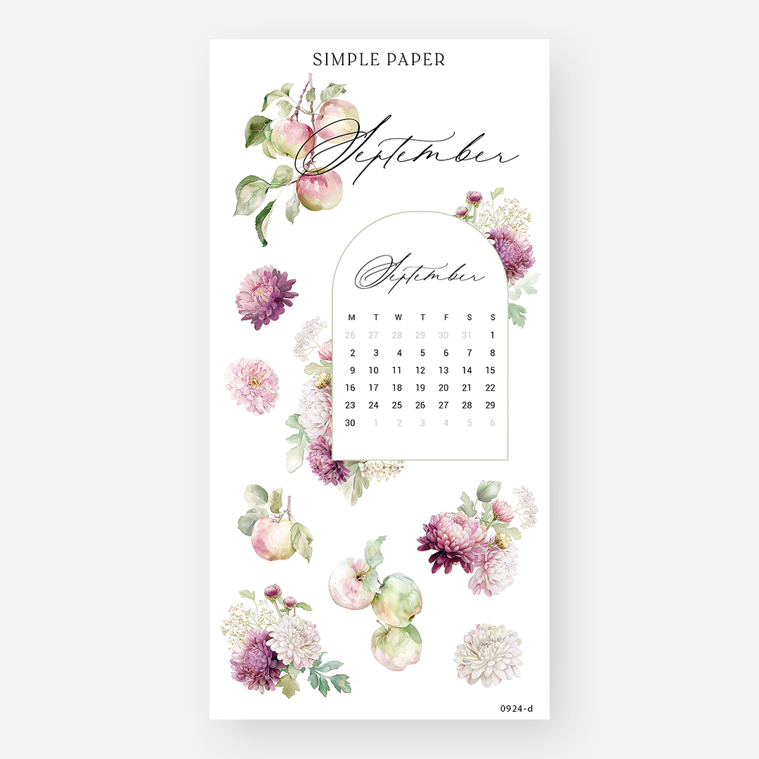 September calendar sticker with apple branches and chrysanthemum blooms on white, September 2024 Sheet D