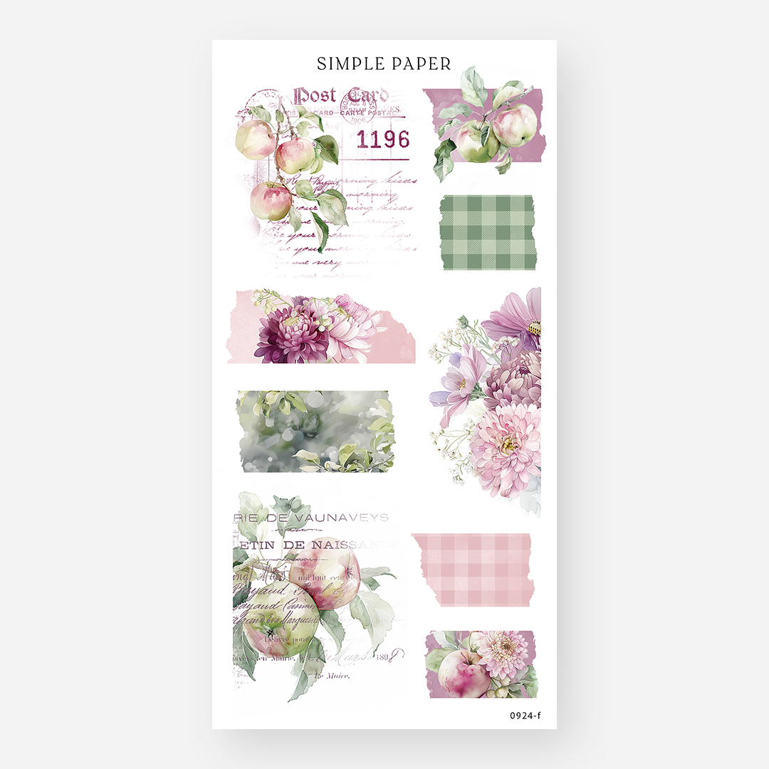 Washi block stickers with apples, chrysanthemums, and gingham checks on white, September 2024 Sheet F