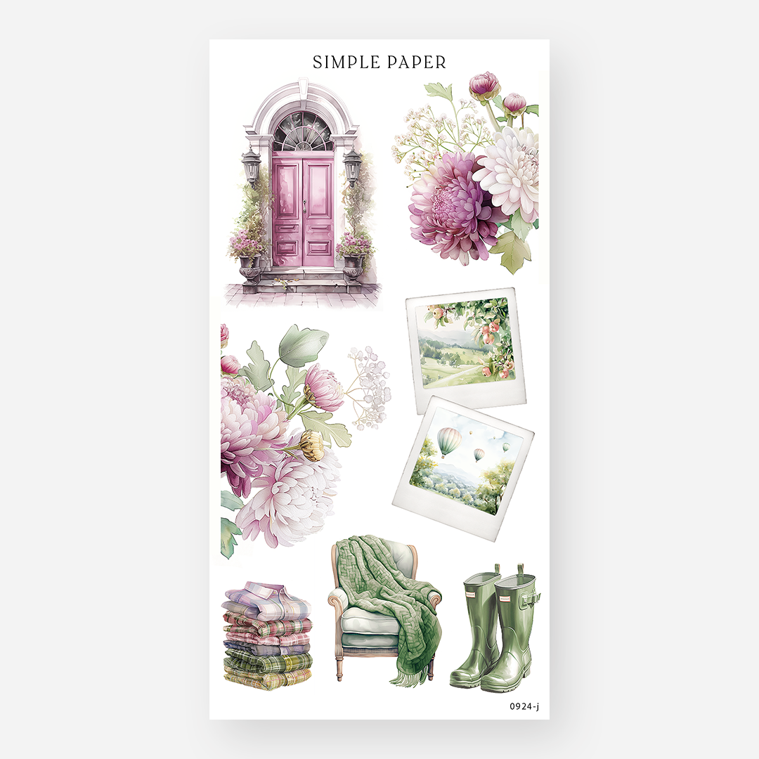 Pink doorway, chrysanthemums, cozy armchair, plaid blankets, and rain boot stickers, September 2024 Sheet J