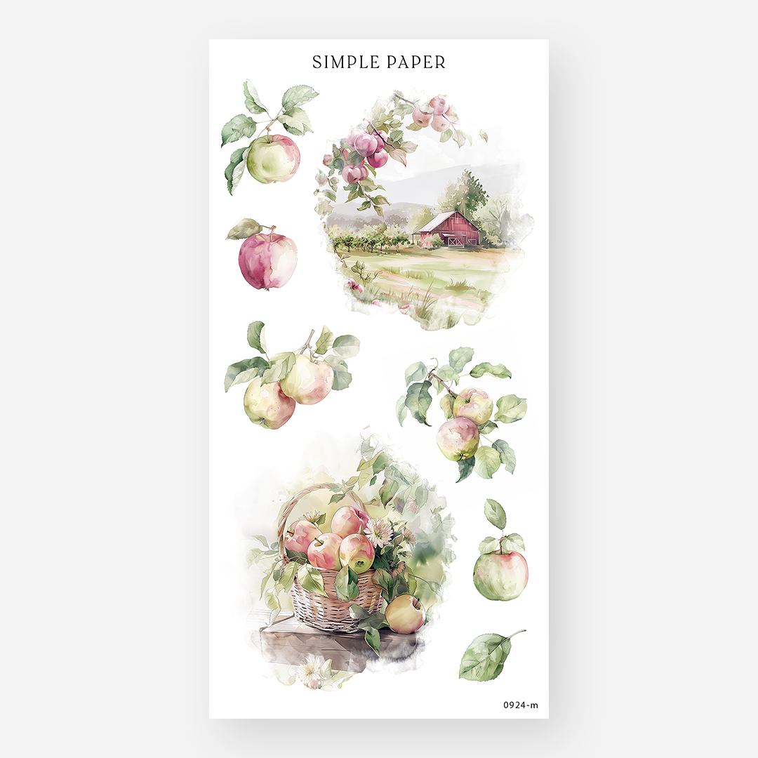Orchard barn scene, apple branches, and a woven apple basket sticker sheet, September 2024 Sheet M
