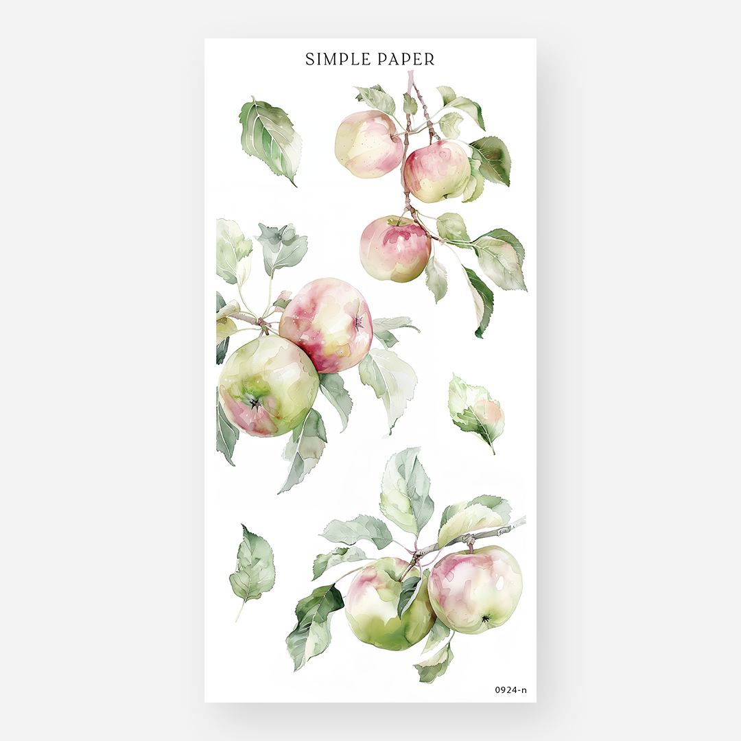 Large watercolor apple branch stickers with foliage on white, September 2024 Sheet N