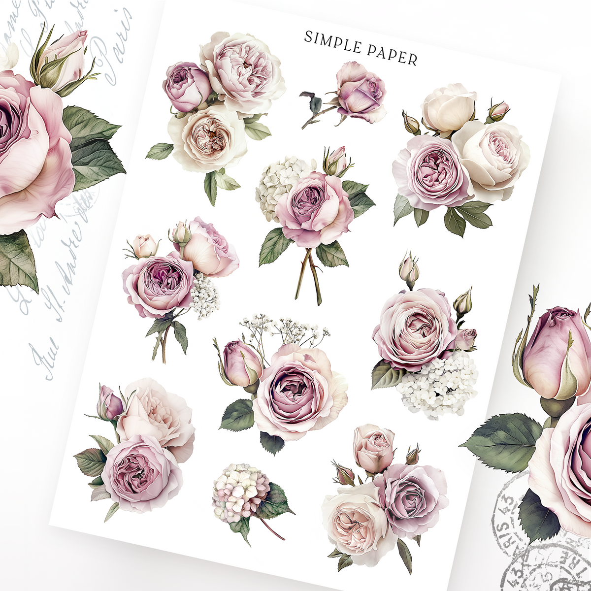 Blush and mauve rose bouquet stickers with hydrangea and baby's breath, Sheet A