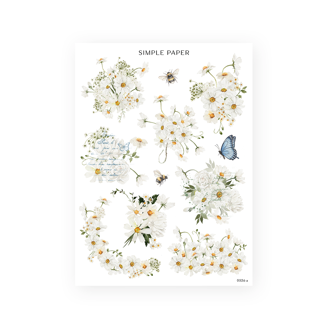 Honey Cottage Sheet A sticker sheet: white daisies, a white rose, honeybees and a blue butterfly