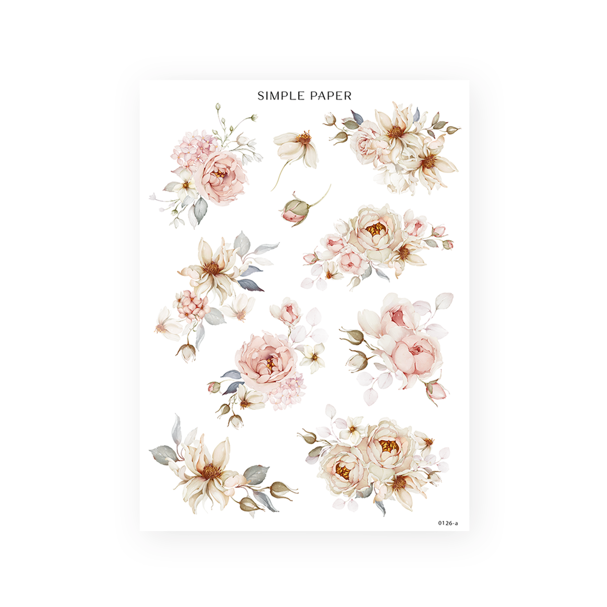 On My Desk Sheet A sticker sheet: blush garden roses, cream cosmos, peonies and hydrangea