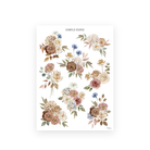 Watercolor bouquets of dusty pink and cocoa roses, cream hydrangeas, blue cornflowers and acorns on a white sticker sheet