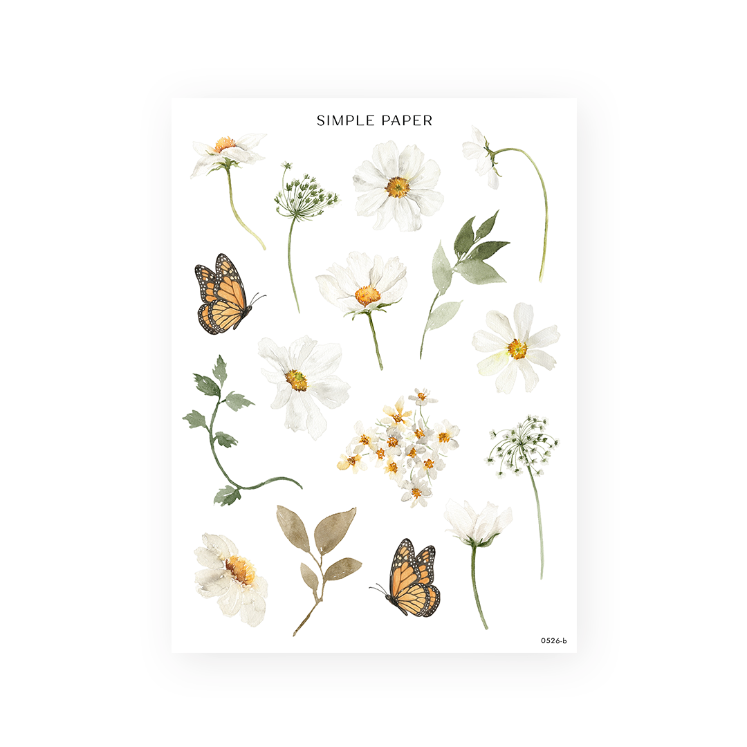 Honey Cottage Sheet B sticker sheet: two monarch butterflies with white daisies and leafy stems