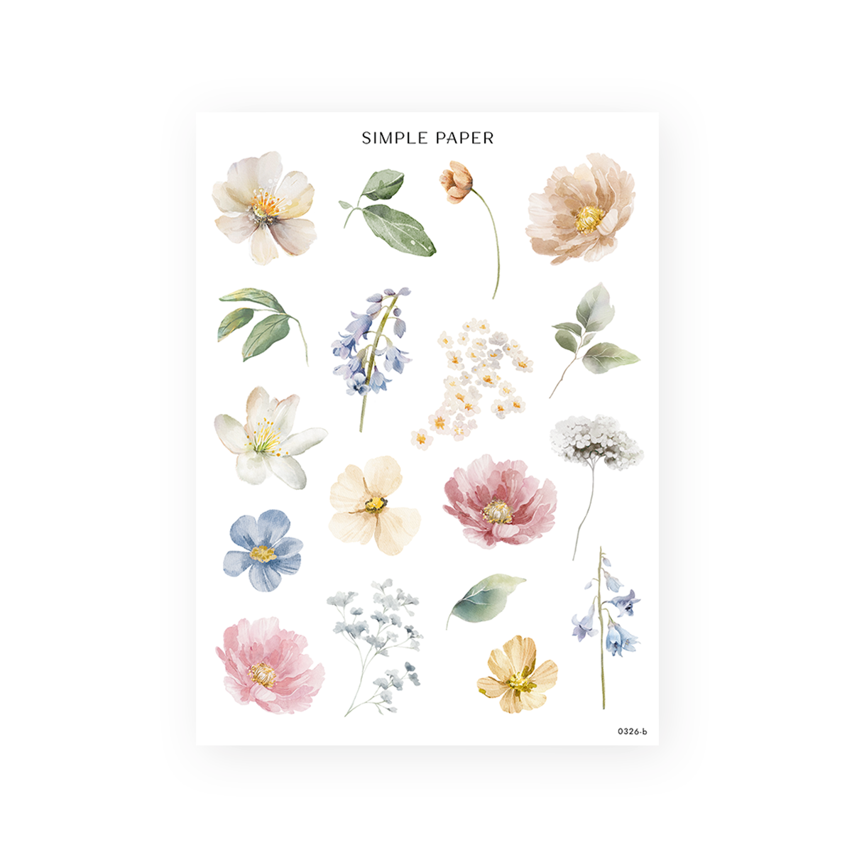 Springbound Sheet B sticker sheet: single wild rose, tulip bud, peony, bluebell and buttercup stems