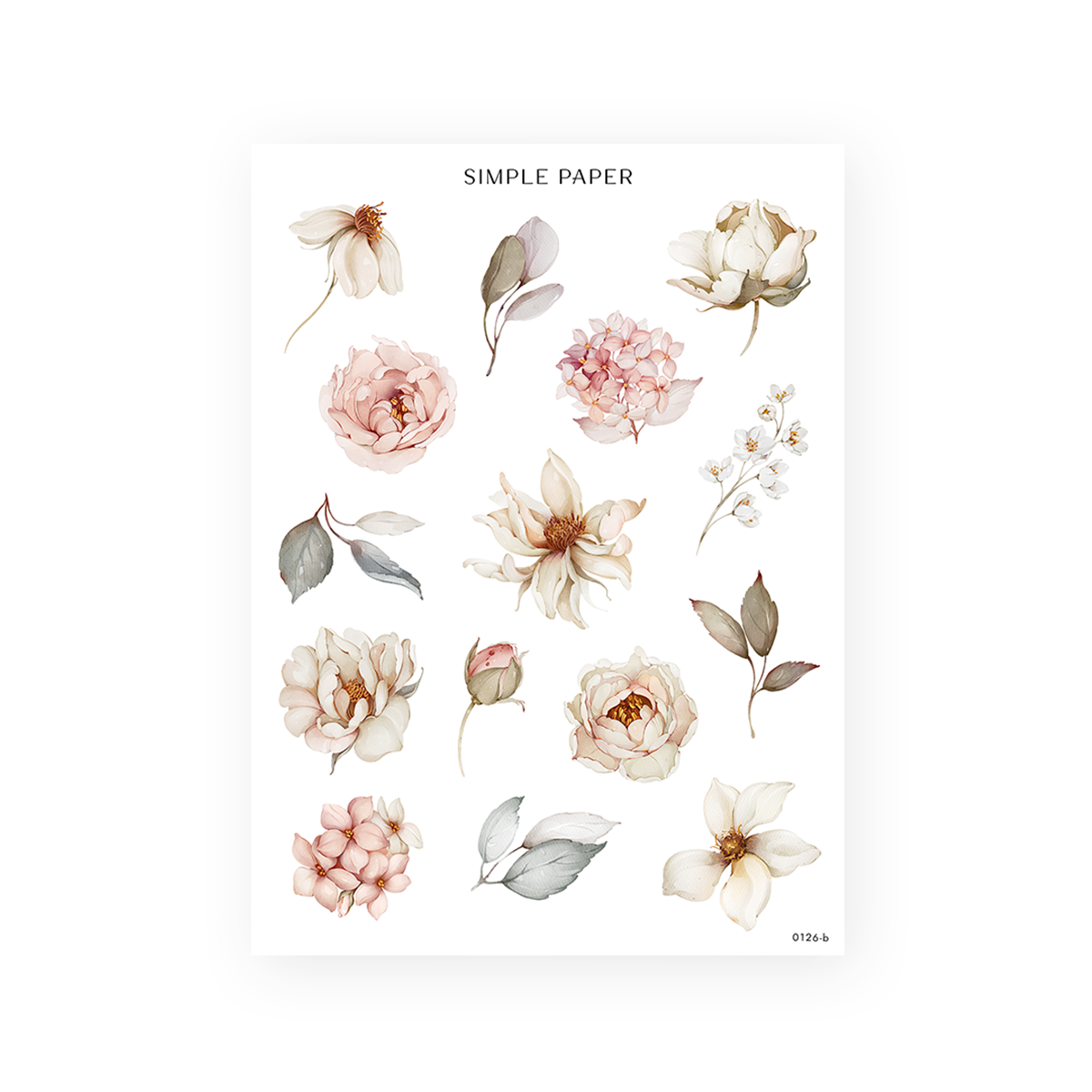 On My Desk Sheet B sticker sheet: single cosmos, peony, hydrangea, magnolia and jasmine blooms