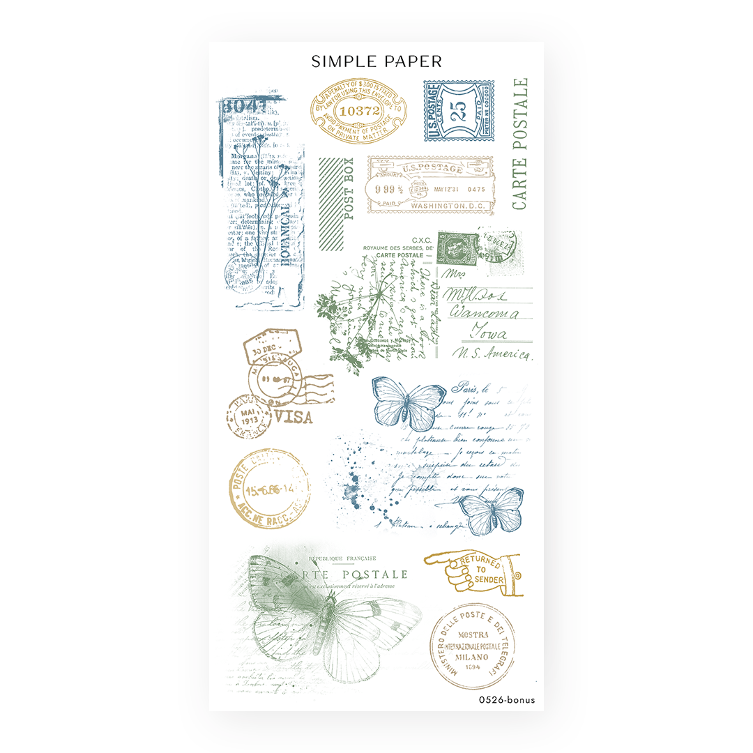 Honey Cottage Sheet Bonus sticker sheet: postmarks, meter marks and butterfly outlines in blue and green