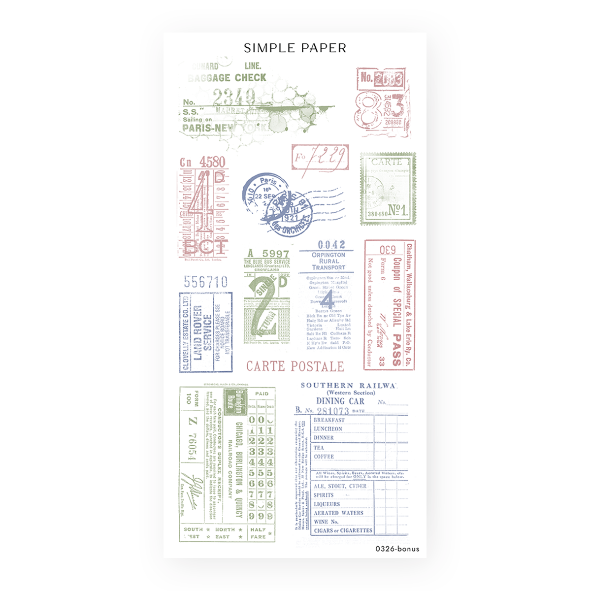 Springbound Sheet Bonus sticker sheet: baggage checks, bus and rail tickets and postmarks