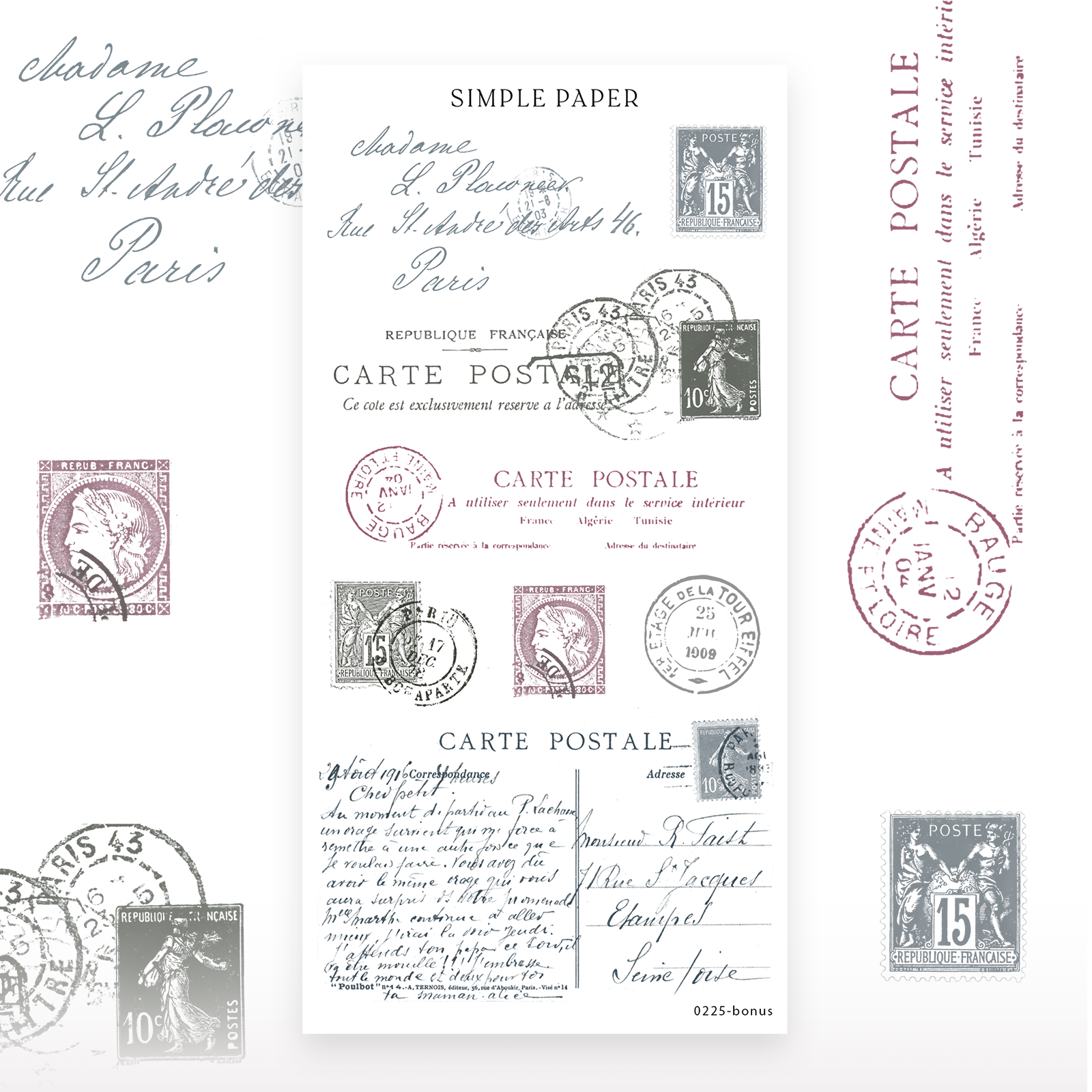 Vintage postcard sticker sheet with antique stamps, cursive script and ink postmarks, Bonus Sheet