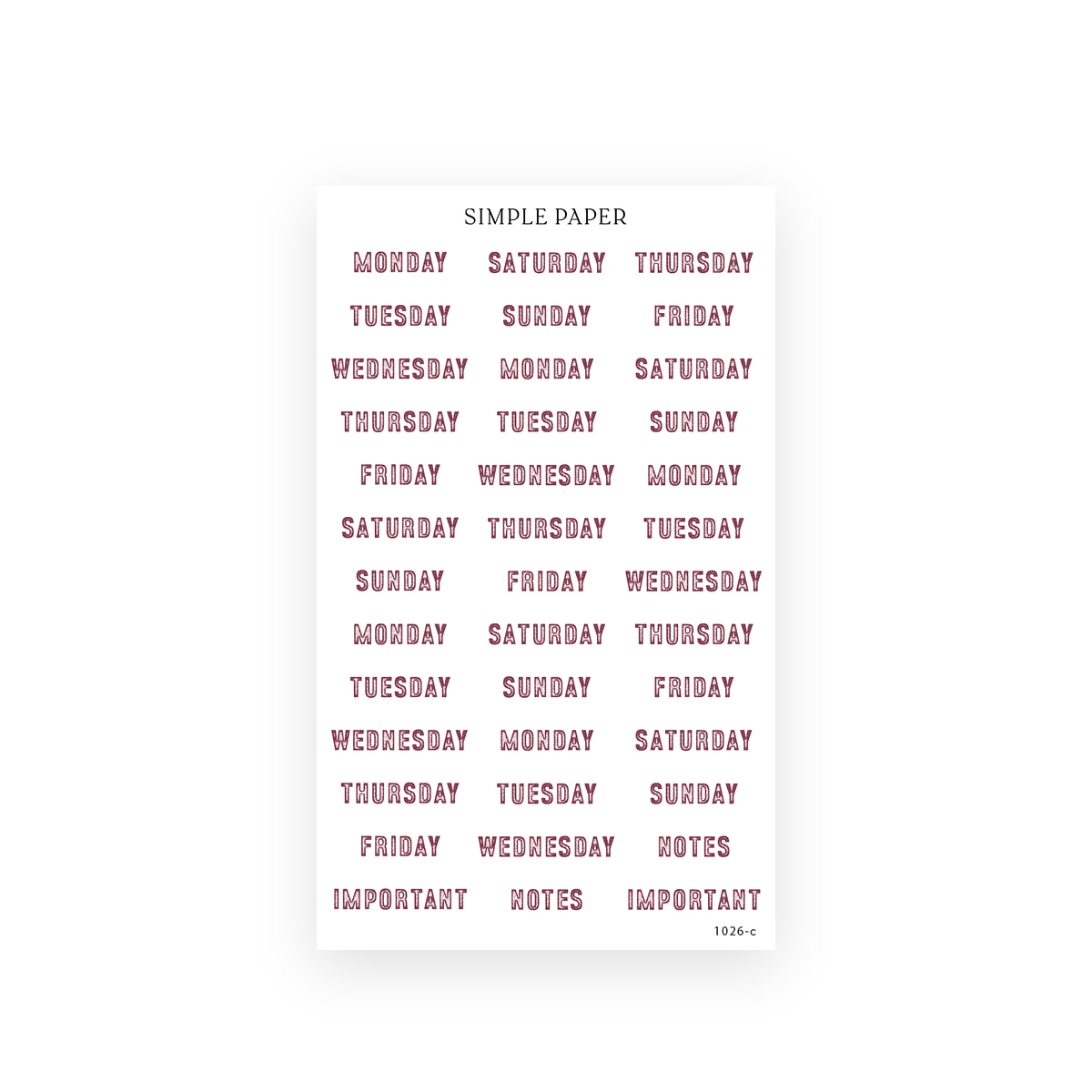 Pretty Season Sheet C sticker sheet: Monday to Sunday word stickers with Notes and Important labels in burgundy