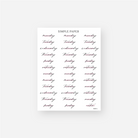 Cursive script days of the week stickers with a notes label, Sheet C