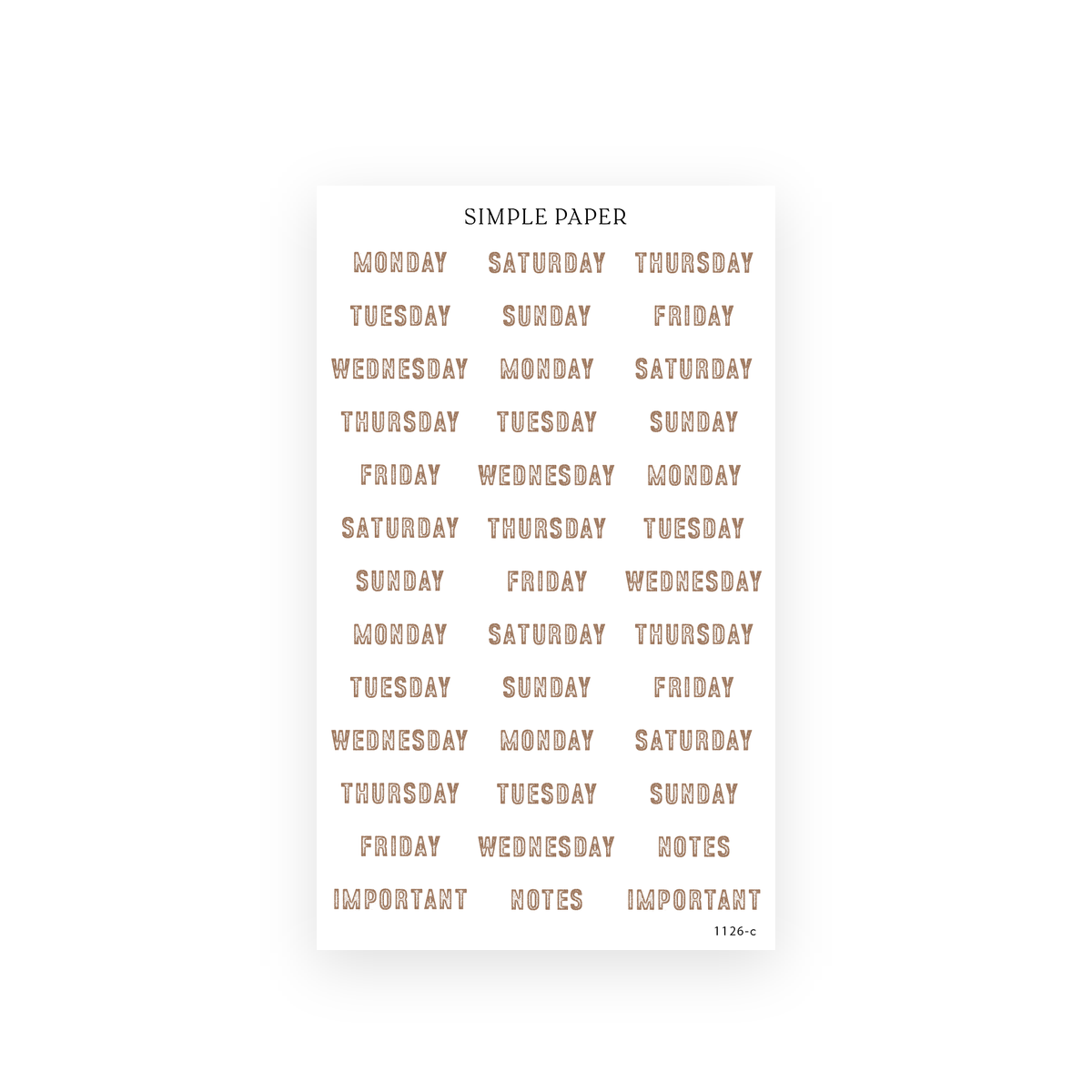 Monday to Sunday day label stickers with Notes and Important headers in a textured tan font