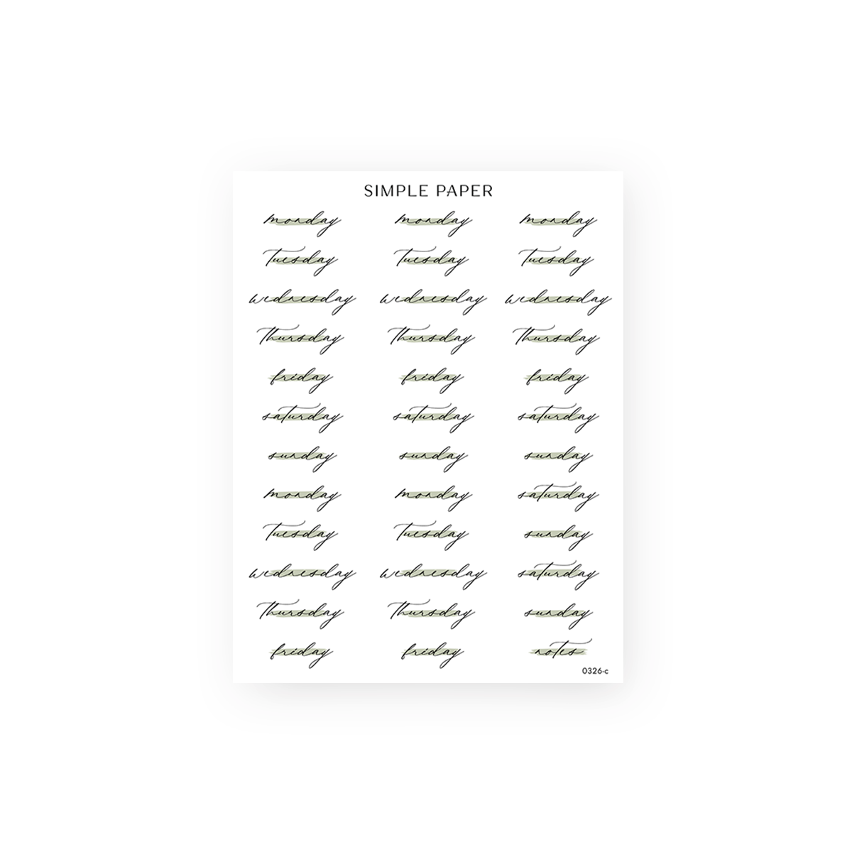 Springbound Sheet C sticker sheet: Monday to Sunday script labels with sage highlights and a Notes tag