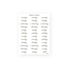 Springbound Sheet C sticker sheet: Monday to Sunday script labels with sage highlights and a Notes tag