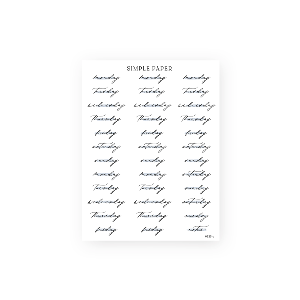 Cursive script days of the week planner stickers with a notes label, Spring Refresh Sheet C