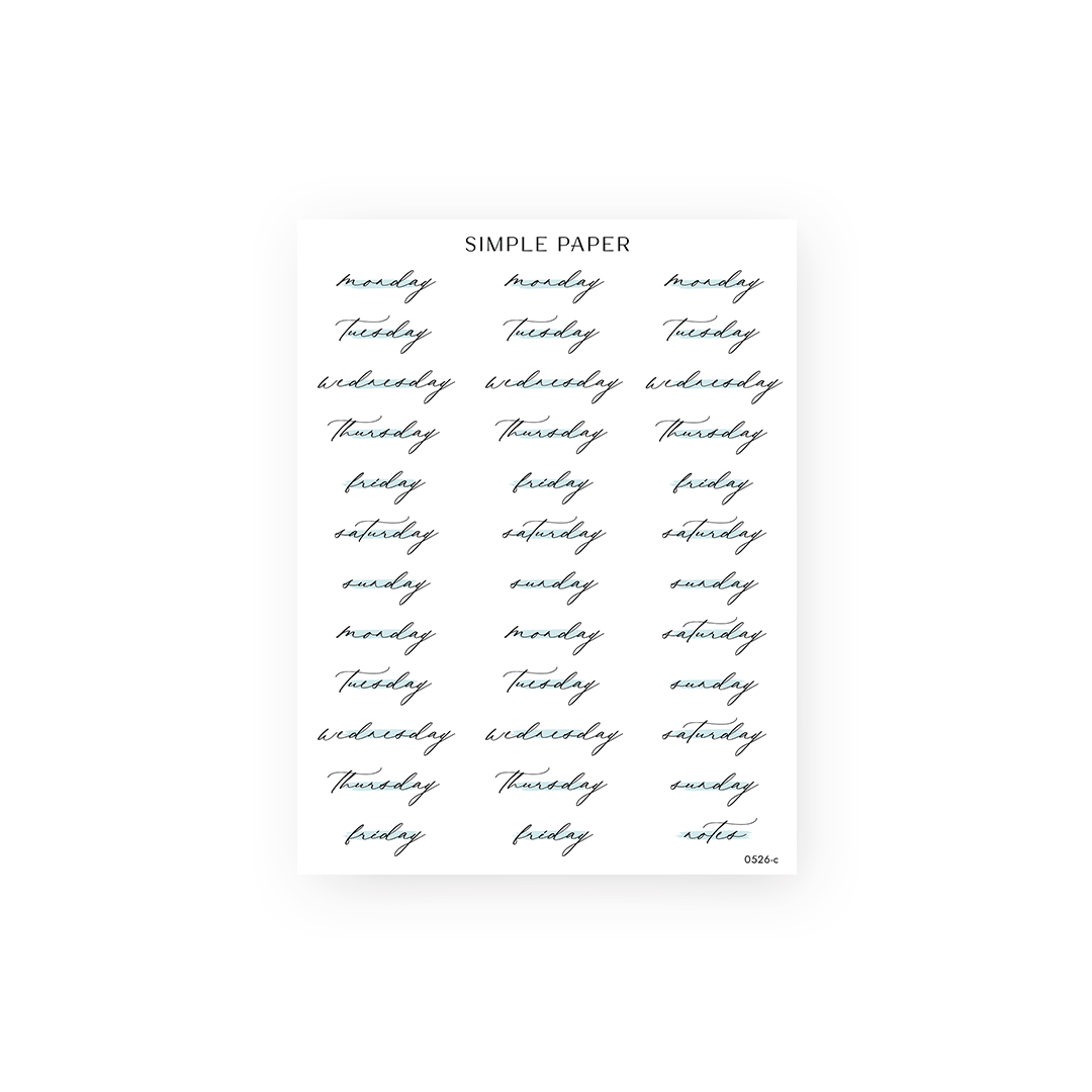 Honey Cottage Sheet C sticker sheet: Monday to Sunday script labels in light blue with a Notes tag