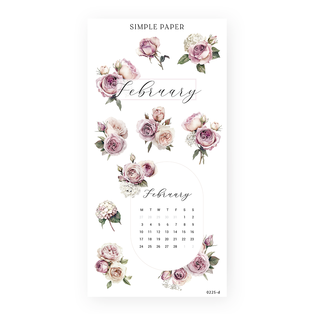 February calendar sticker sheet with a monthly grid, roses and hydrangea, Sheet D