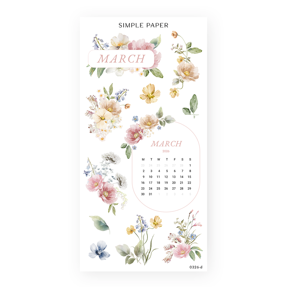 Springbound Sheet D sticker sheet: a March 2026 calendar medallion and MARCH banner with bluebells
