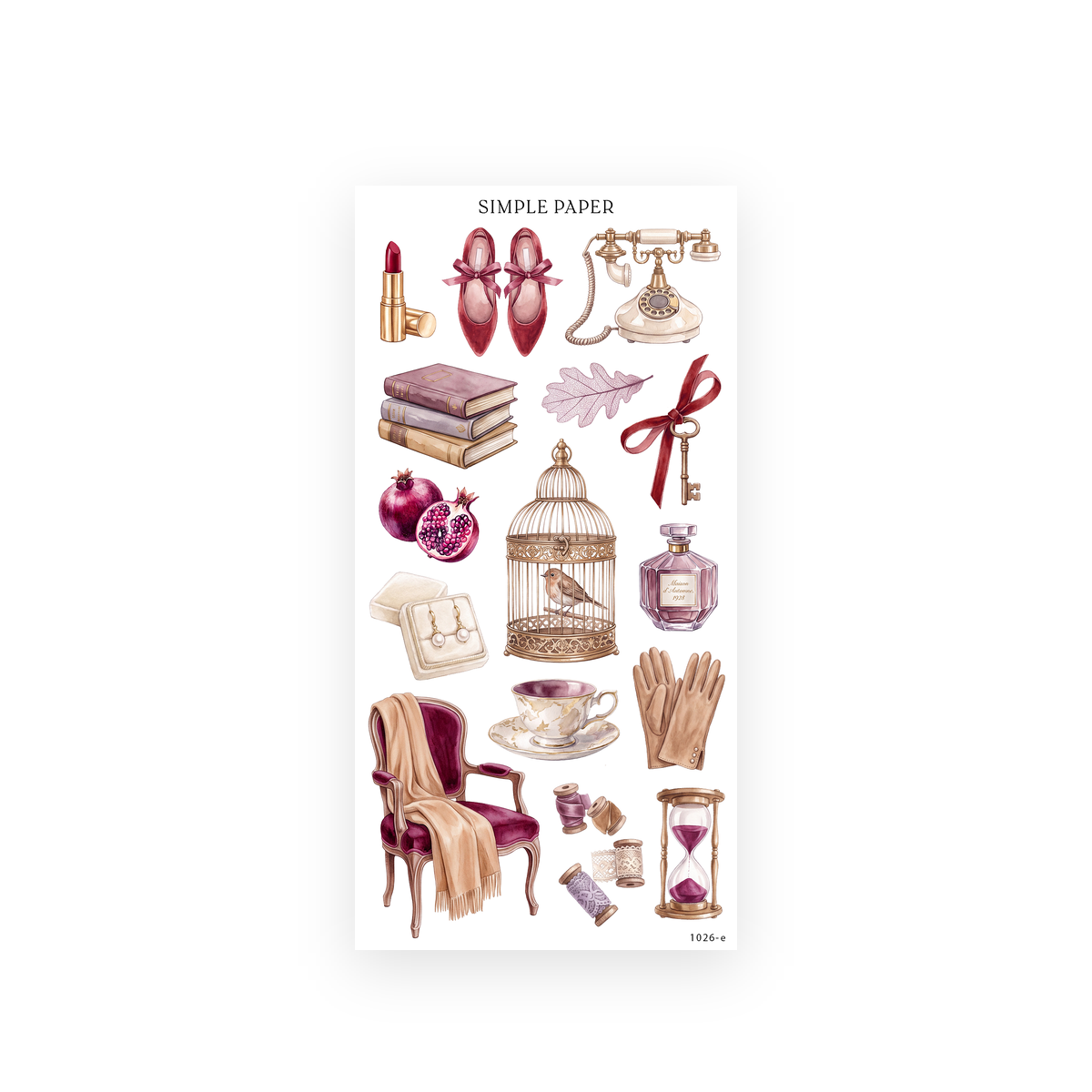Pretty Season Sheet E sticker sheet: watercolor rotary telephone, velvet armchair, birdcage, pomegranate and teacup