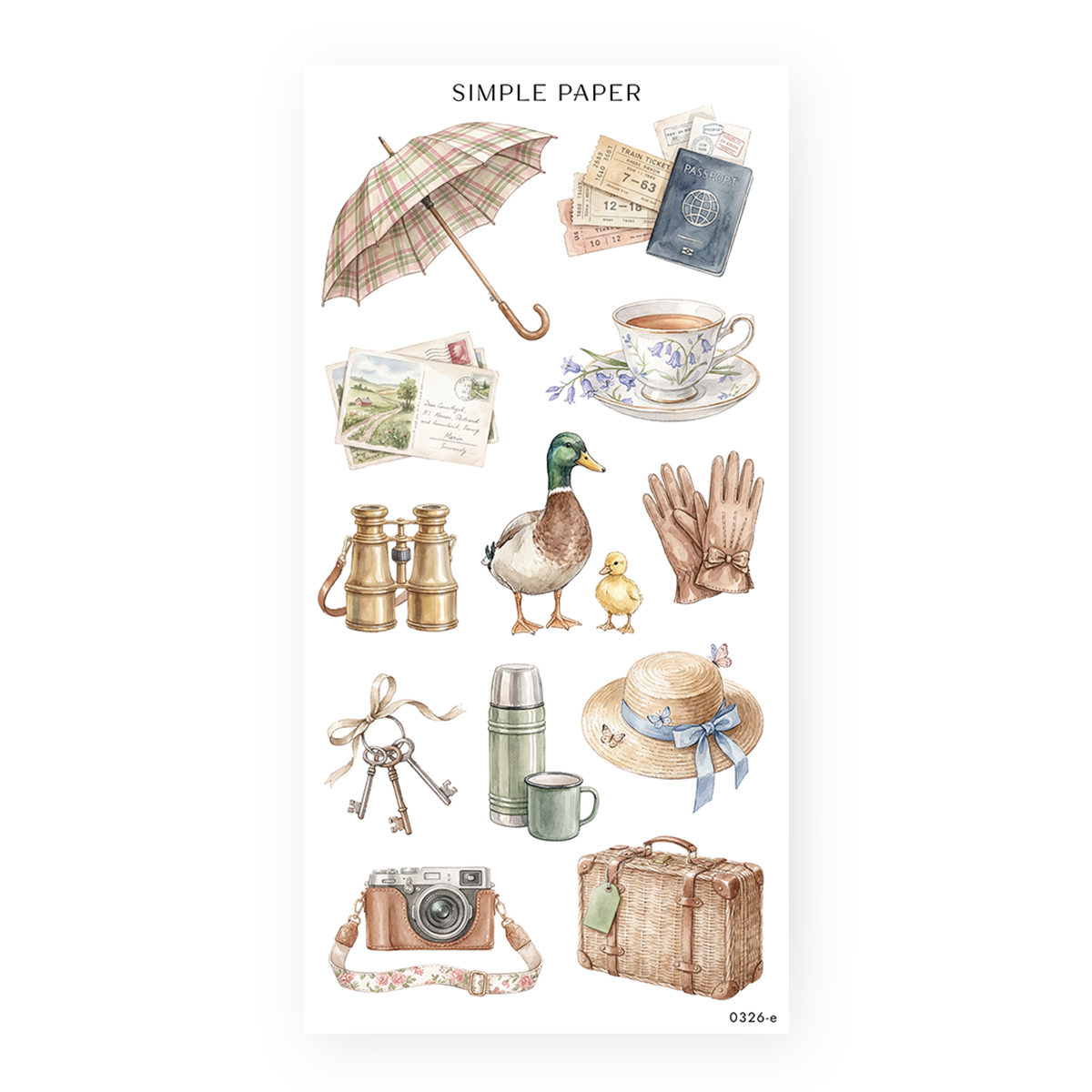 Springbound Sheet E sticker sheet: a tartan umbrella, train tickets, binoculars and a wicker suitcase