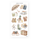 Springbound Sheet E sticker sheet: a tartan umbrella, train tickets, binoculars and a wicker suitcase