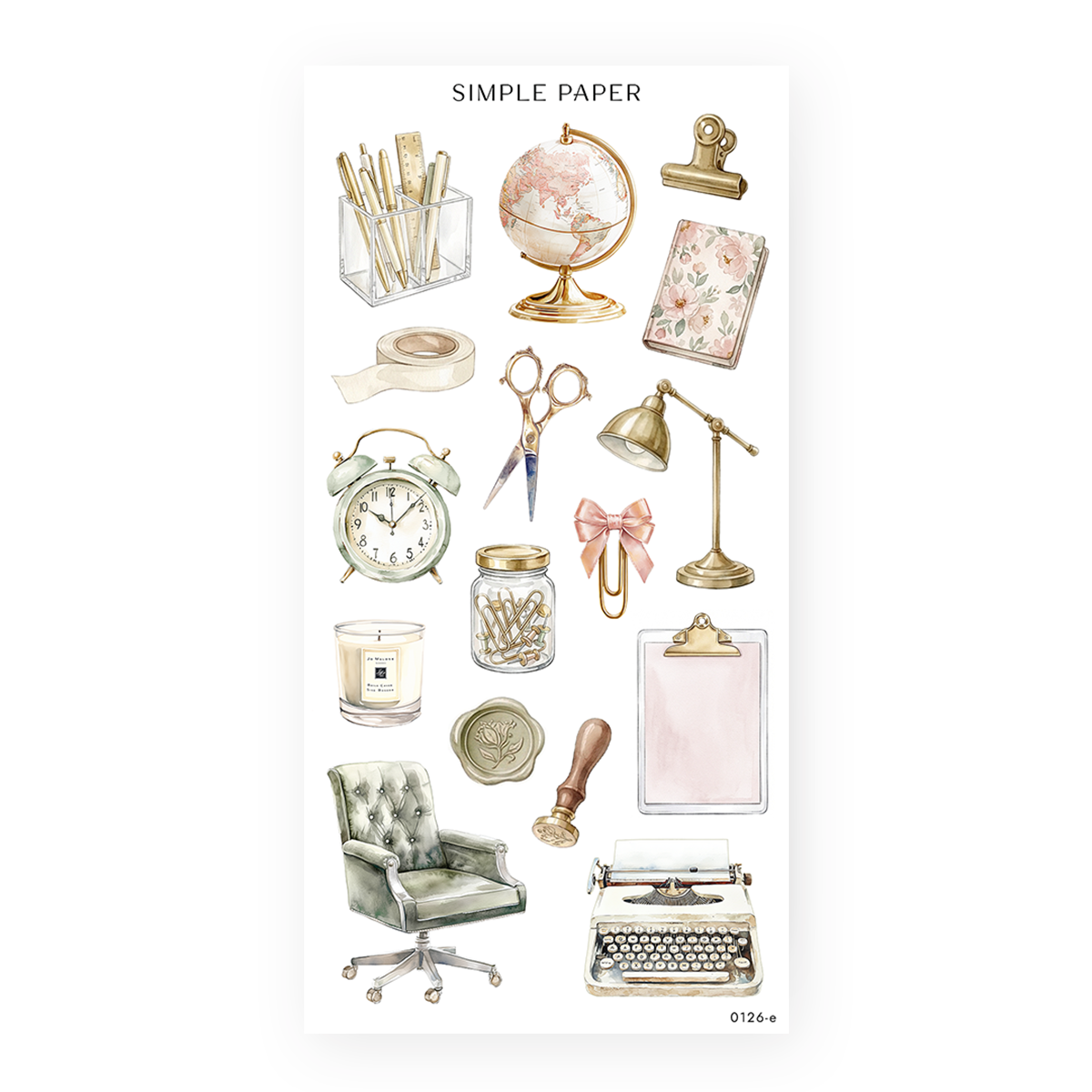 On My Desk Sheet E sticker sheet: a brass lamp, globe, typewriter, alarm clock and velvet chair