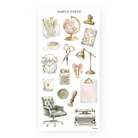 On My Desk Sheet E sticker sheet: a brass lamp, globe, typewriter, alarm clock and velvet chair