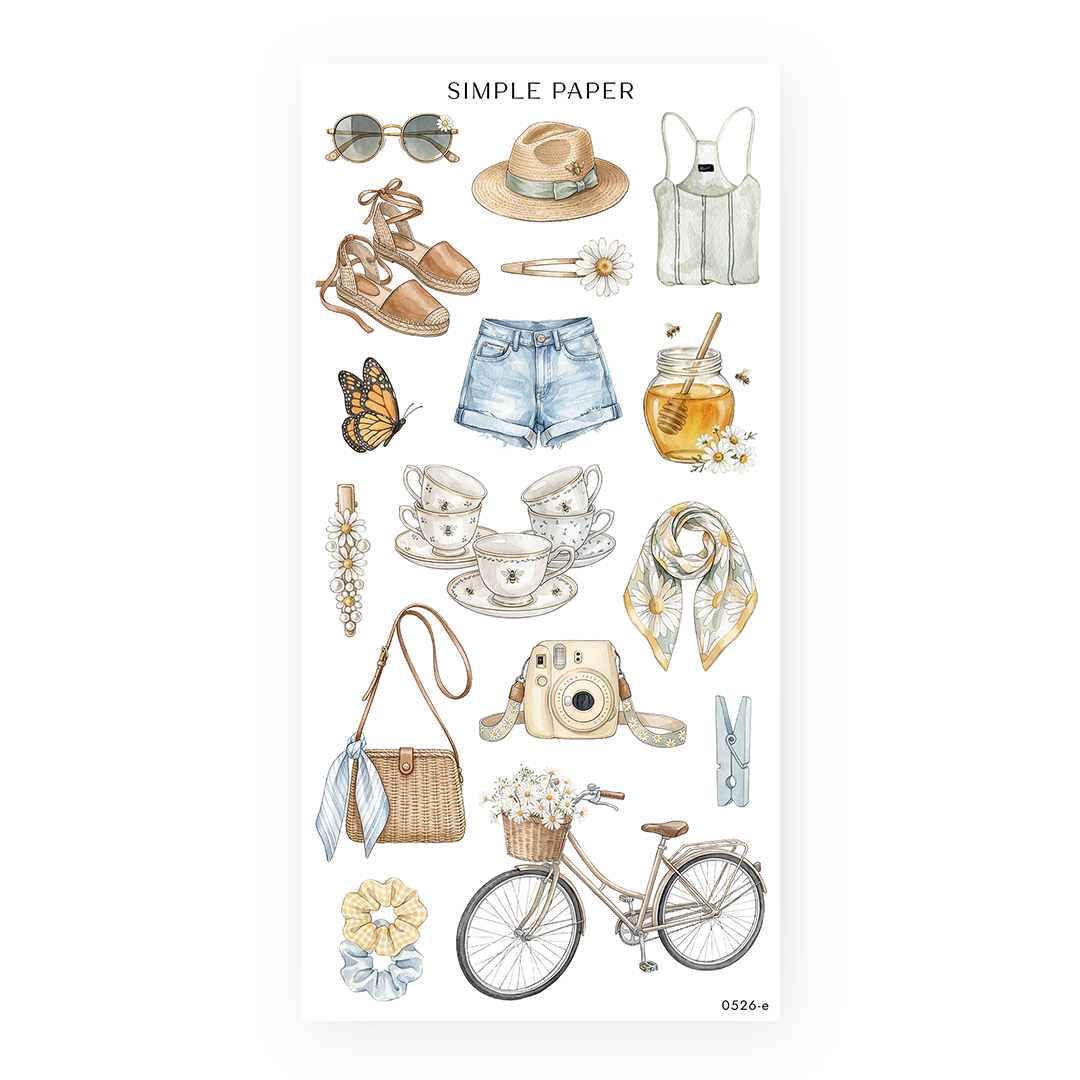 Honey Cottage Sheet E sticker sheet: a straw hat, sunglasses, honey jar, bee teacups and a bicycle