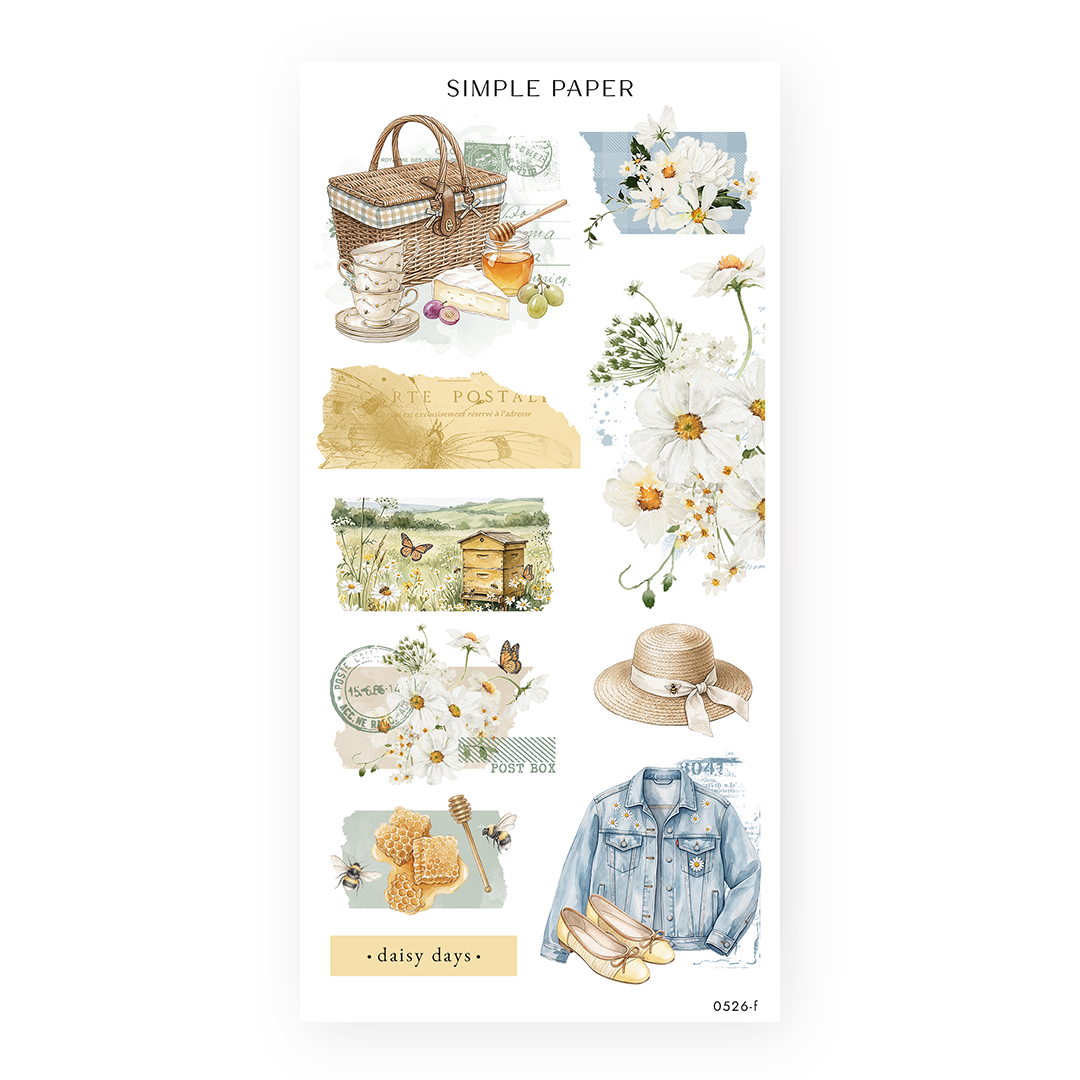 Honey Cottage Sheet F sticker sheet: a picnic basket, teacups, honey jar and a meadow beehive