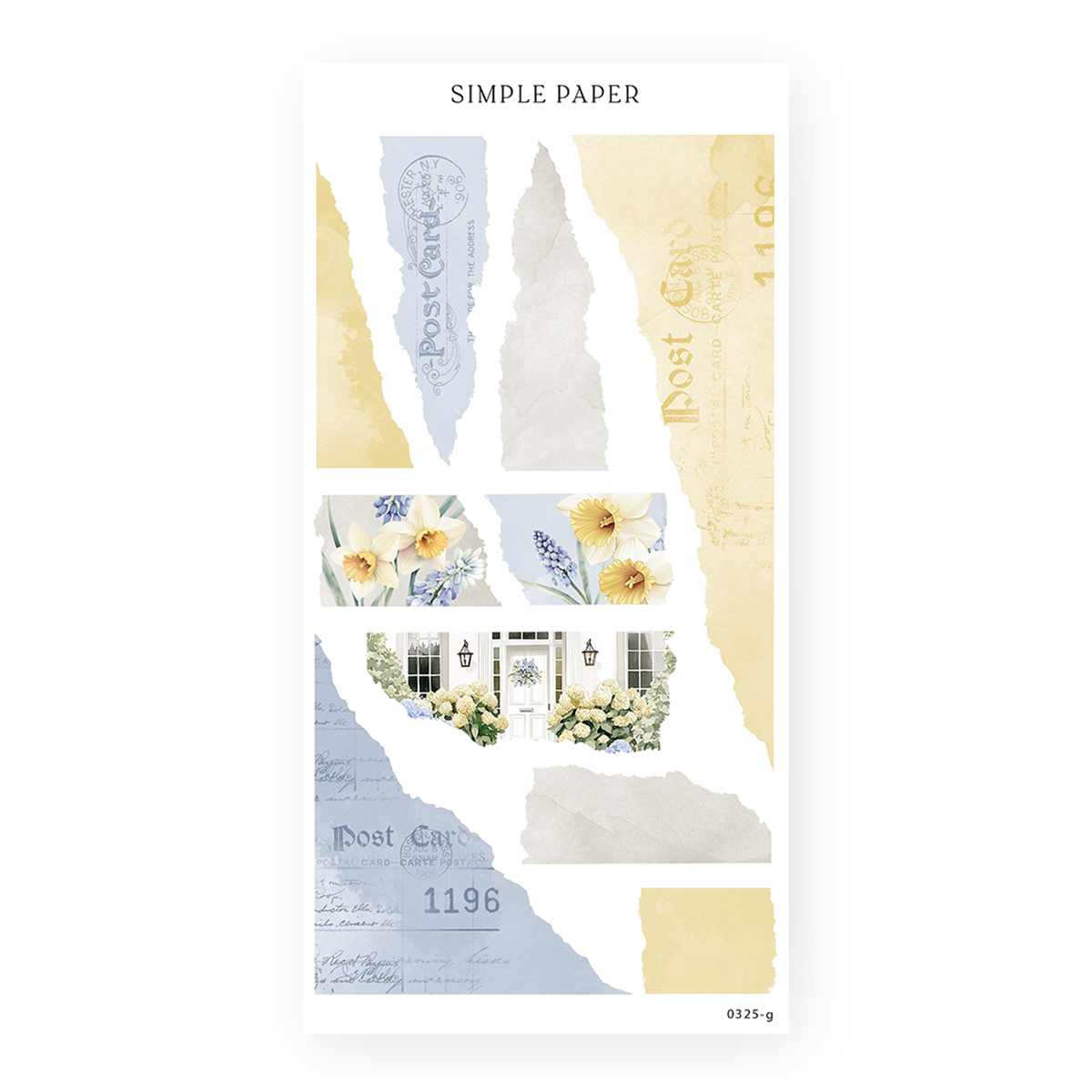 Torn washi paper strip stickers in mustard, gray and blue with daffodils and a front door, Sheet G