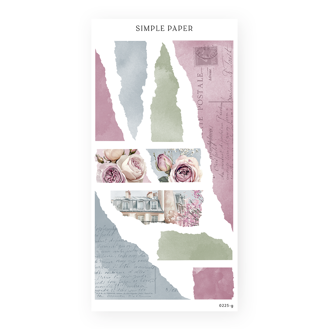 Torn washi paper stickers in mauve, blue and sage with small rose and building cutouts, Sheet G