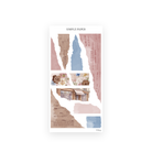 Torn paper strips in rose, tan and blue with library loan stamps, watercolor floral bands and a bookshop storefront