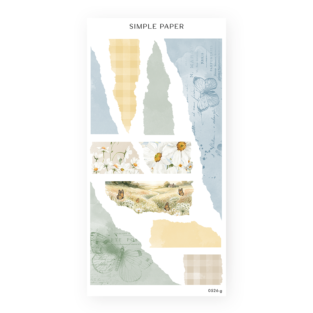 Honey Cottage Sheet G sticker sheet: torn gingham, sage, blue and peach strips with daisy panels