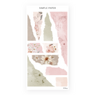 On My Desk Sheet G sticker sheet: torn sage, blush and taupe paper strips and a robin among peonies