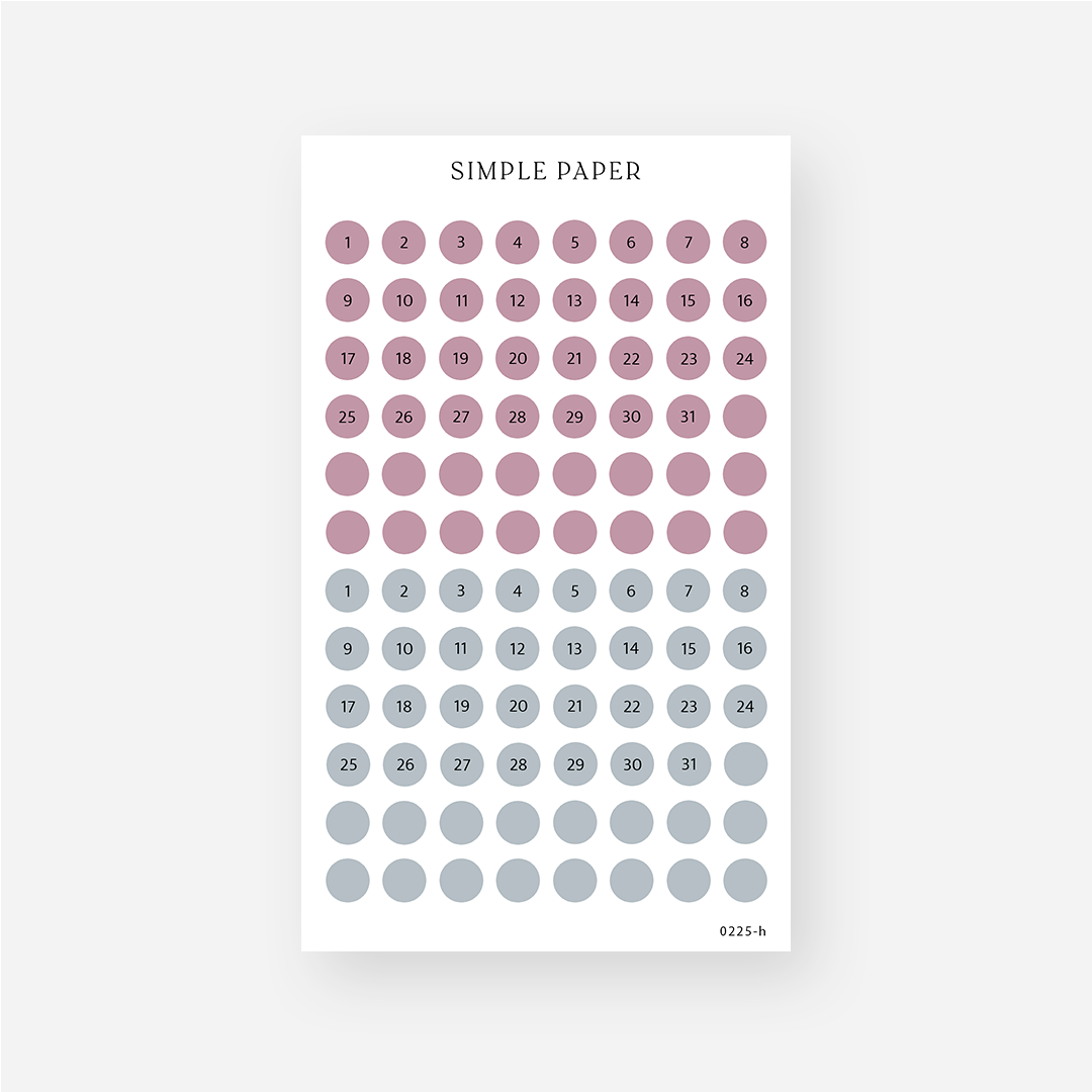 Mauve and dusty blue date dot stickers numbered 1 to 31, plus blank dots, Sheet H