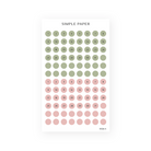 Springbound Sheet H sticker sheet: date dots numbered 1 to 31 in sage green and dusty rose