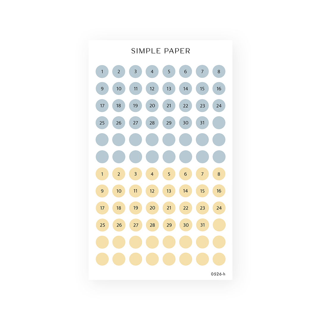 Honey Cottage Sheet H sticker sheet: date dots numbered 1 to 31 in light blue and soft yellow