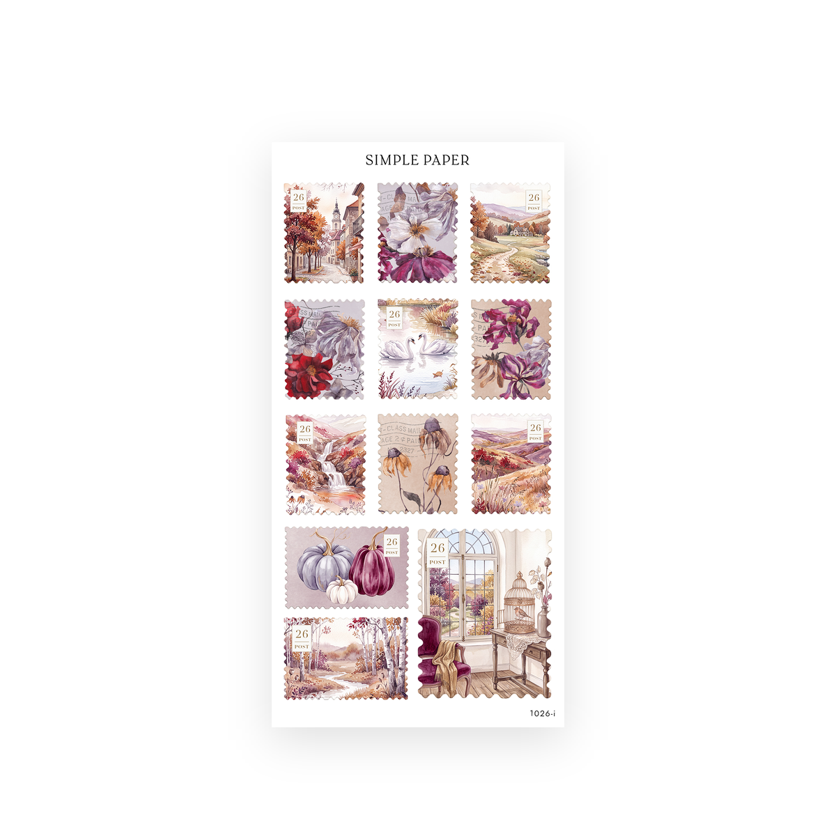 Pretty Season Sheet I sticker sheet: scalloped postage stamps with swans, pumpkins, birch woods and an autumn town