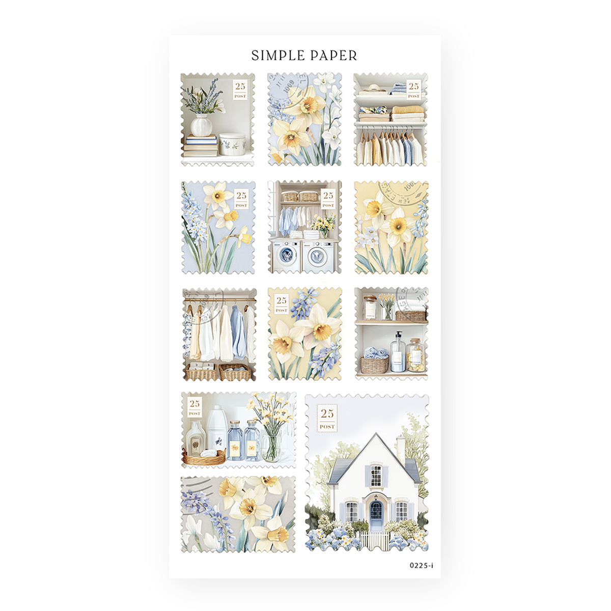 Postage stamp stickers of daffodils, a laundry room, closet shelves and a cottage, Sheet I