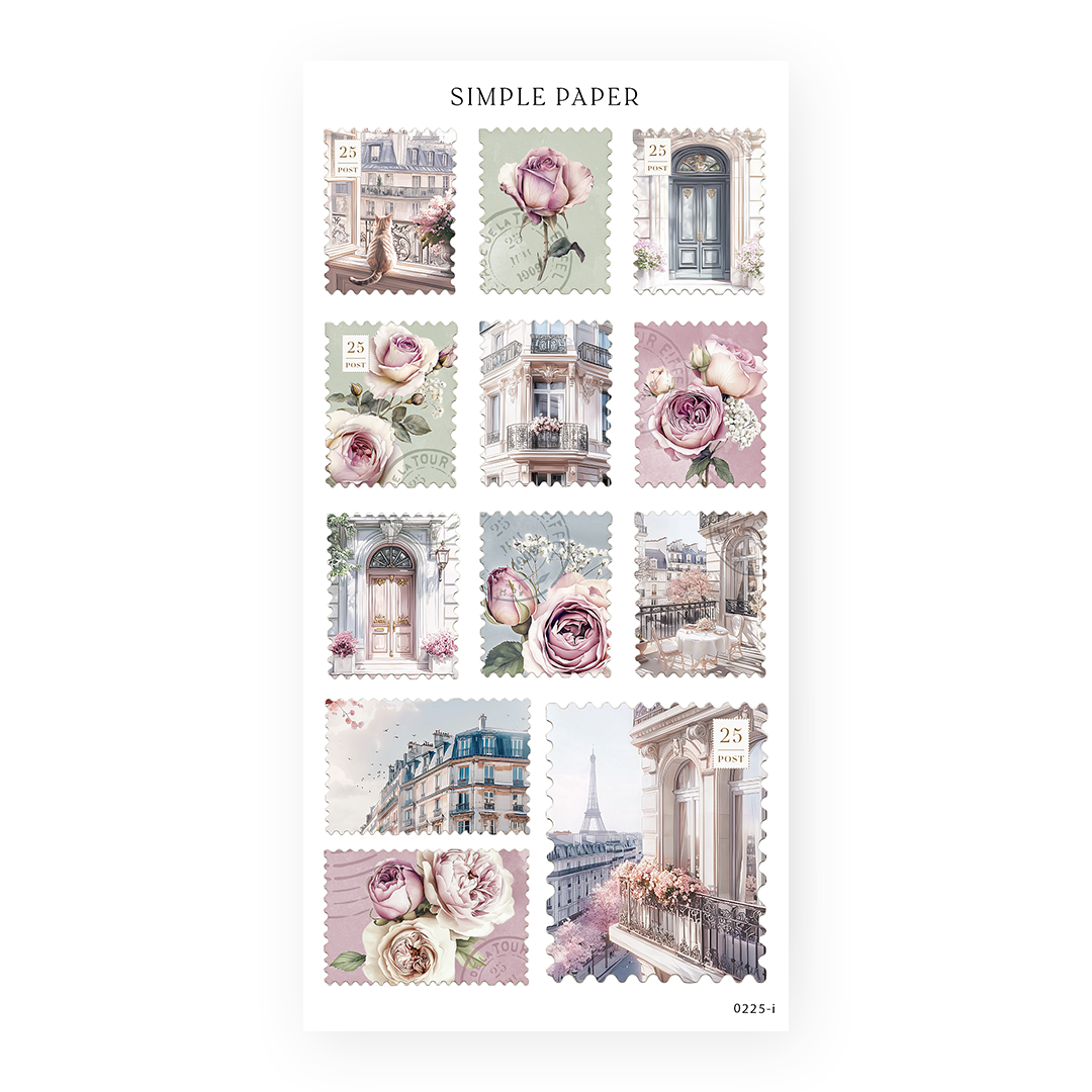 Postage stamp shaped stickers with a cat, roses, doors and balconies, Sheet I