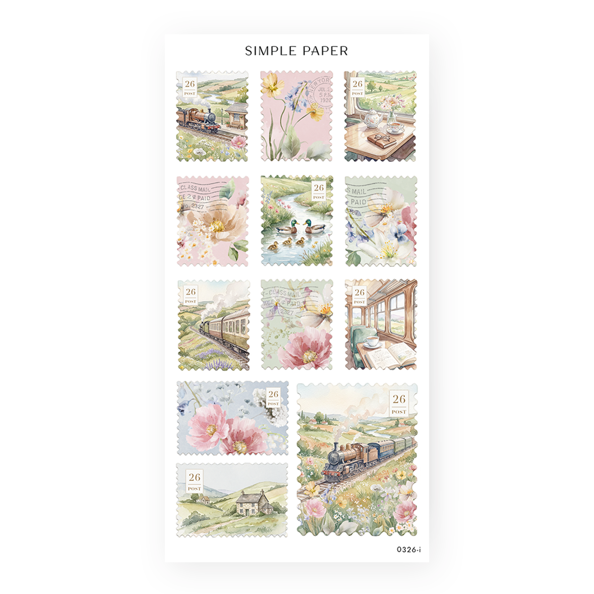 Springbound Sheet I sticker sheet: postage stamps of a steam train, a tea table and ducklings
