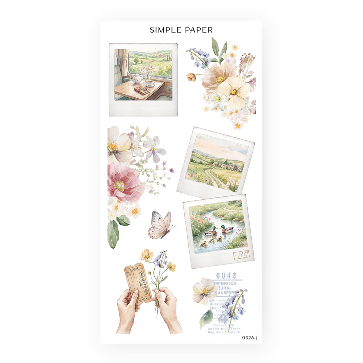 Springbound Sheet J sticker sheet: instant photos of a train tea table, a farmhouse lane and ducklings